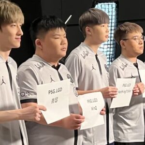 Dota 2 team PSG.LGD posing for a photo on the Media Day of The International 11