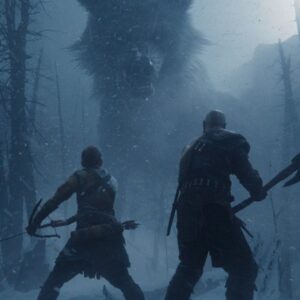 Image from God of War Ragnarok showing Kratos and Atreus about to fight a giant beast.