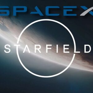 The SpaceX logo on top of the Starfield logo, with a looming planet in the background.